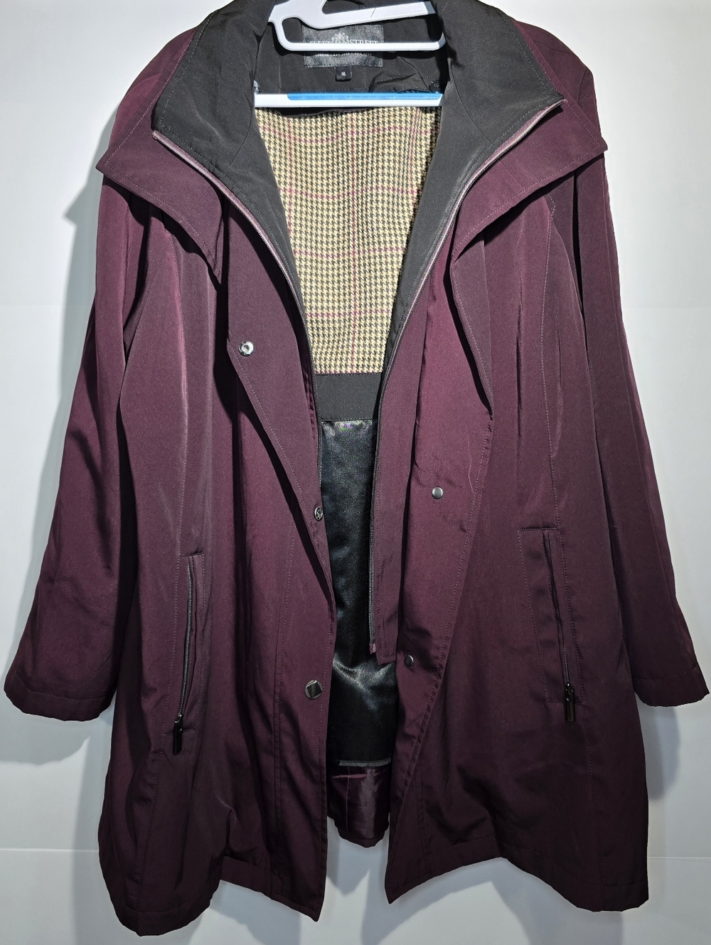 Fleet Street London Women’s XL Burgundy Trench Coat Plaid Lined Zip Snap Jacket